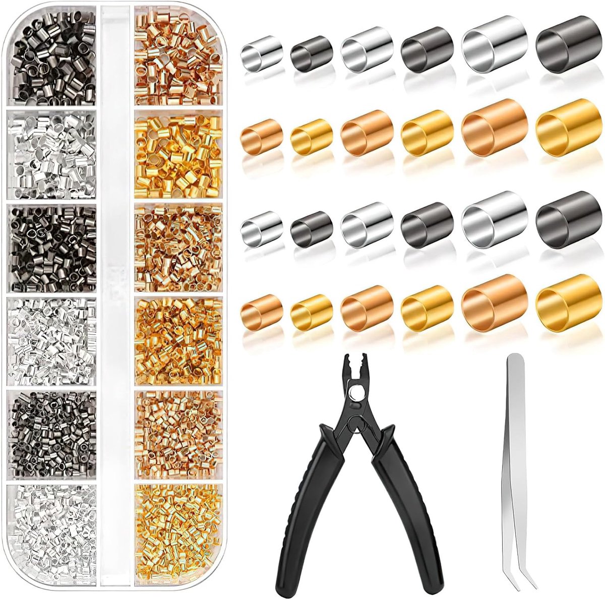 SnelShoppen - Crimp Beads Set 2200 Pcs voor Sieraden Maken - Inclusief Crimp Tangen, 1.5/2/2.5mm, 6 Kleuren, Perfect voor DIY Sieraden, Feest, Cadeaus