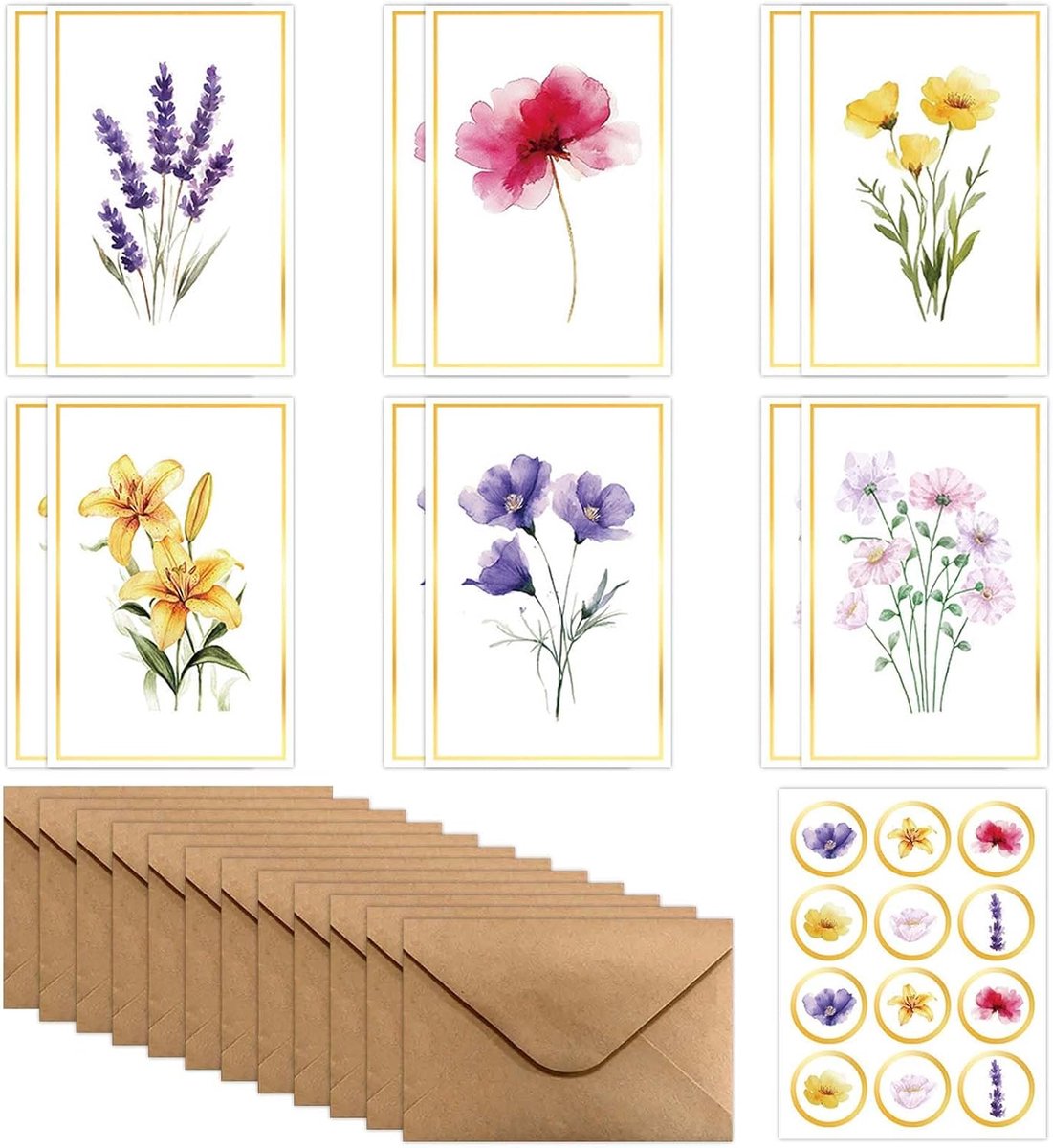 SnelShoppen - Verjaardagskaarten Set met Enveloppen en Stickers - 12 Bloemenkaarten voor Verjaardagen, Kerst, Nieuwjaar, Valentijnsdag, Trouwen - Perf