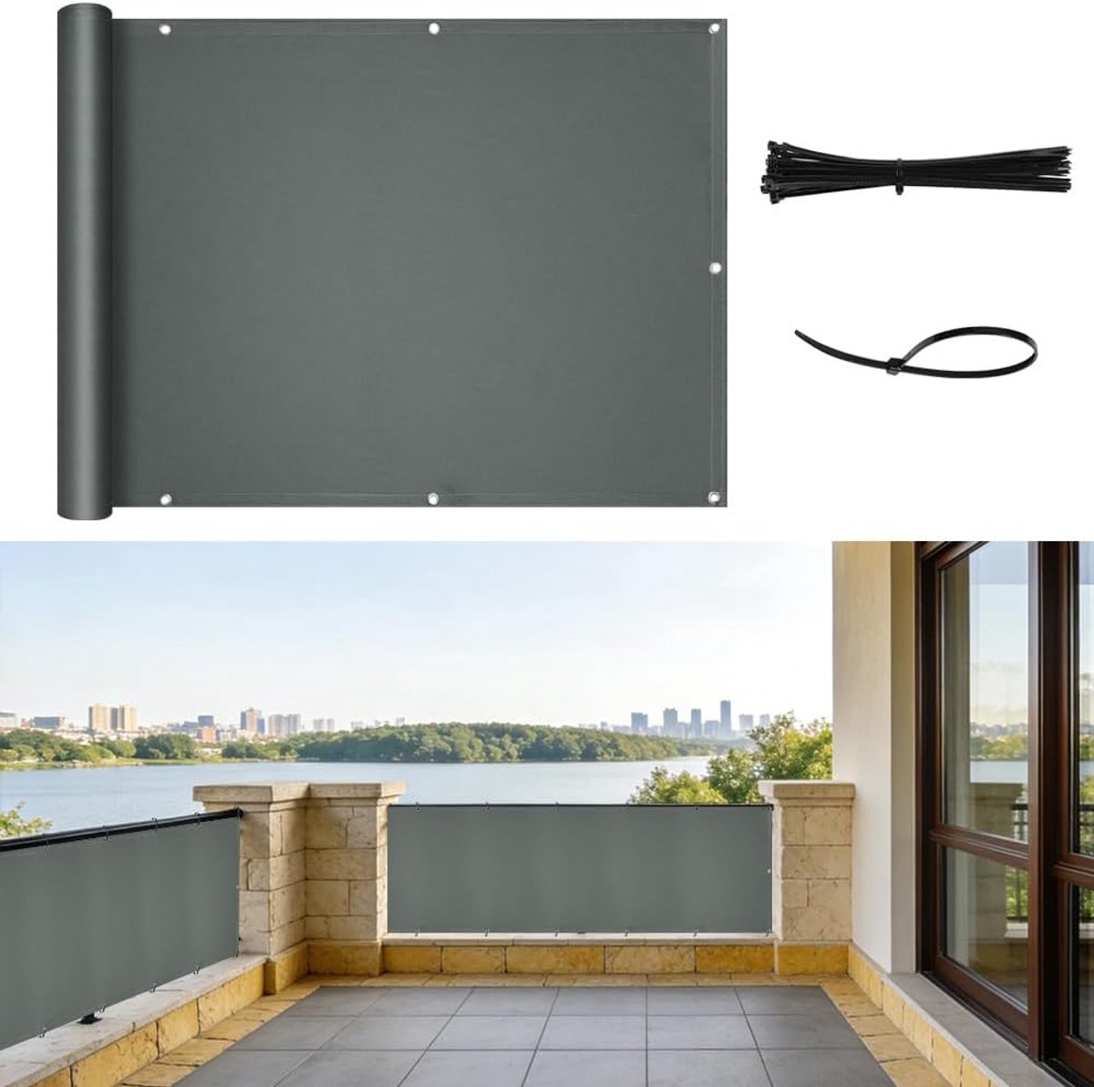 SnelShoppen - Balkon Privacy Scherm 90 x 400 cm, Balkonafscheiding met Oogjes en Kabelaansluitingen, 160 g/m², Opaque Privacy Bescherming, UV Bescherm