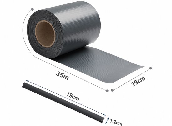 Afmetingen van een antraciet vlechtband rol (35m x 19cm) en een montagebuisje (19cm x 1.2cm).