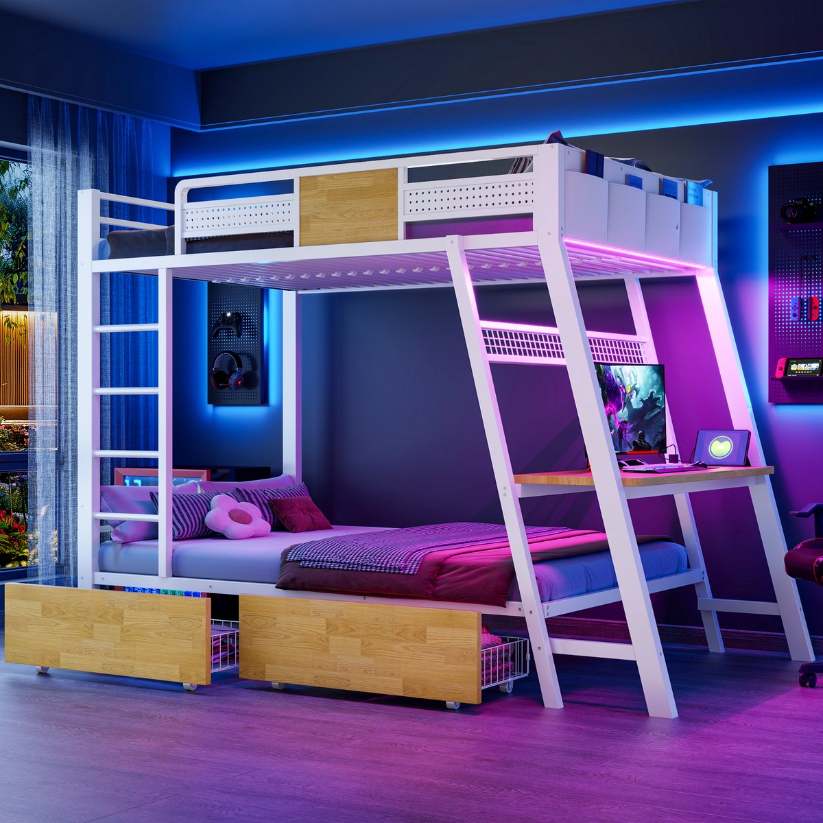 Stapelbed 90x200 cm - Met Bureau, Stopcontacten, USB-C en LED-Verlichting - Met Opbergruimte - Zonder Matras - Metaal en MDF - Wit