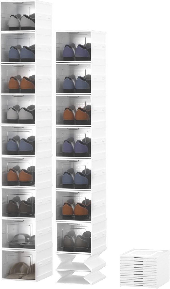 SnelShoppen - Pack van 9 Vouwbare Schoenendozen, Stapelbaar en Ruimtebesparend, Transparante Swingdeur, Stevige Plastic Schoenrek, Zonder Montage, voo