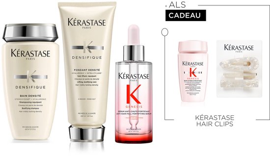 Shampoing et après-shampoing Kérastase Densifique, sérum Genesis et mini shampoing, plus pinces à cheveux.