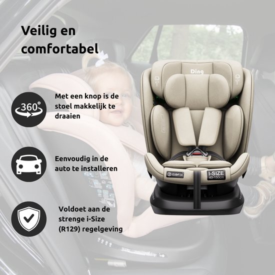 Ding Aiden Autostoel - Beige - 360° Draaibare Isofix Autostoel - i-Size - Vanaf 40 tot 150cm - 0 tot 12 jaar — afbeelding 4