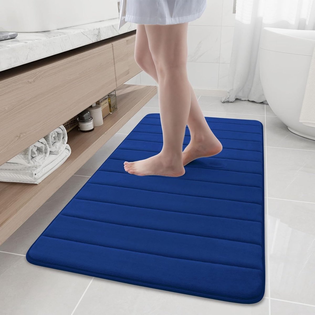 SnelShoppen - Memory Foam Badmat 60x120 cm - Absorberende Antislip Wasbare Badmat - Zacht Microfiber Velours - Donkerblauw voor Badkamer, Douche, Toil