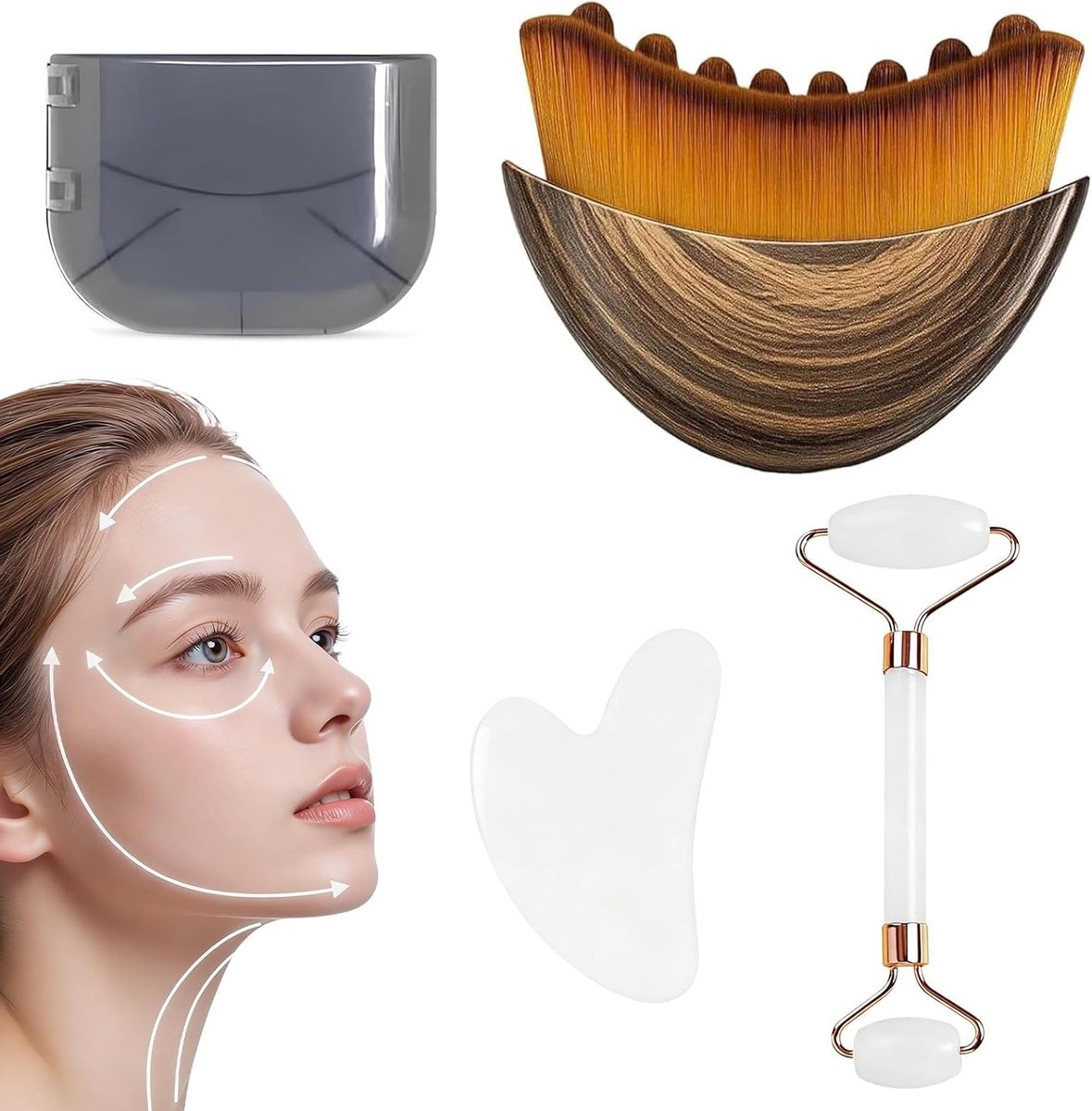 3-delige set gezichtsborstels voor lymfedrainage, Gua Sha en droogborstelen voor een strakkere huid en betere doorbloeding