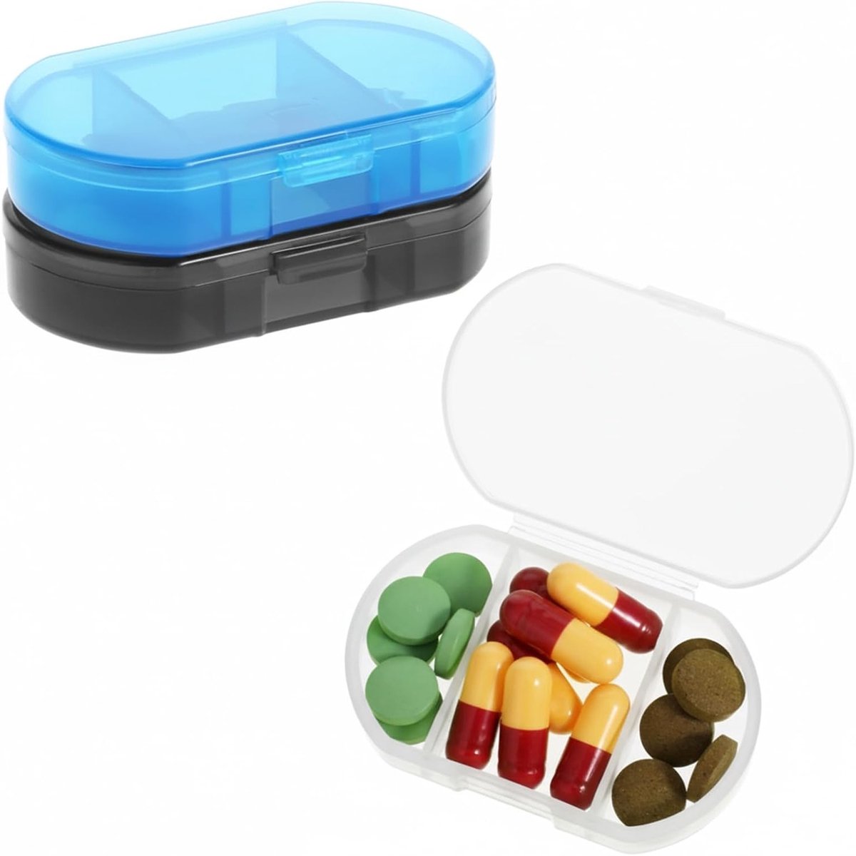 3 Stuks Kleine Pillendoos met 3 Vakken - Vochtbestendige Organizer voor Medicijnen, Vitaminen en Supplementen - Draagbare Tablettenbox in Zwart, Groen en Wit