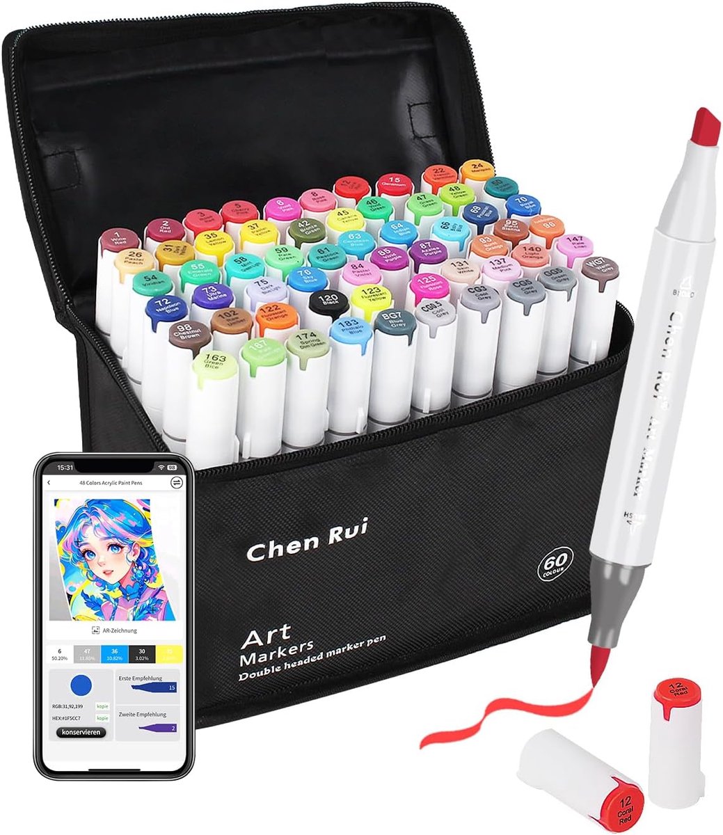 SnelShoppen - Alcohol Highlighter met App, 60 Kleuren, Brush en Chisel Tip, Sneldrogende Alcohol Marker voor Tekenen, Schilderen en Schetsen voor Volw