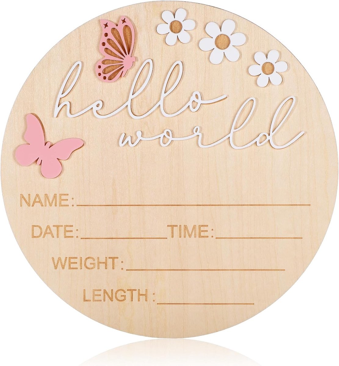 SnelShoppen - Hello World Newborn Sign Houten Baby Aankondigingsbord 5.9 Inch Roze Vlinder Stijl Geboorte Welkomstbord voor Jongens en Meisjes Foto Pr