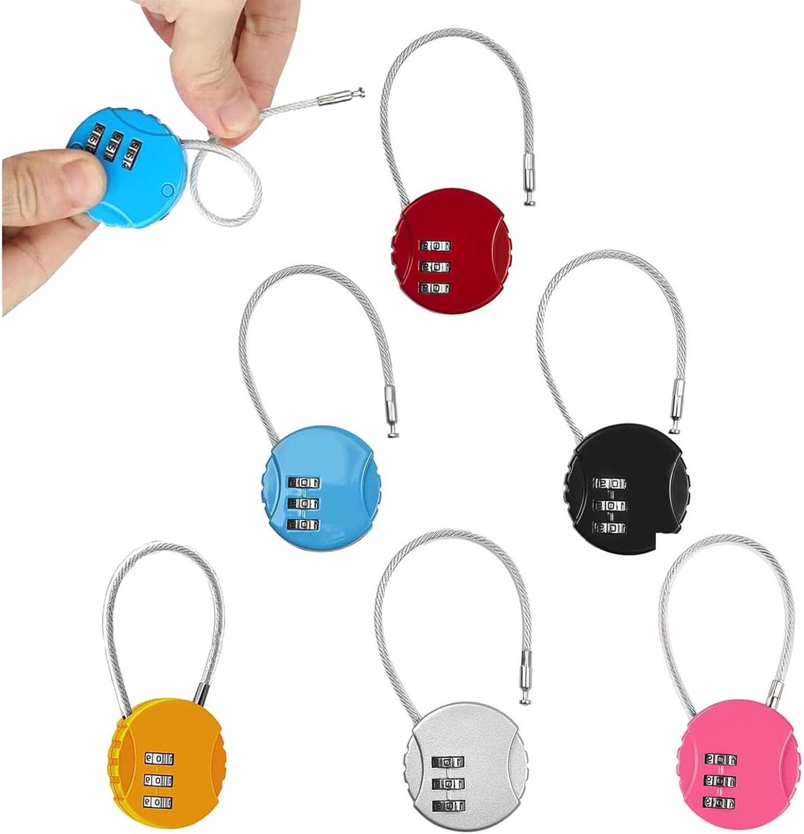 SnelShoppen - Set van 6 Koffersloten met 3-Cijferige Combinatiecode, Flexibele Zinklegering Kabel, 6 Kleuren, Ideaal voor Reizen, Rugzakken en Vakanti