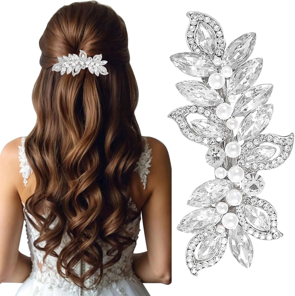 SnelShoppen - Elegante Rhinestone Haarspelden met Parels voor Bruiden, Sprankelende Kristal Haaraccessoires, Bladvormige Haarspelden voor Bruiloft, La