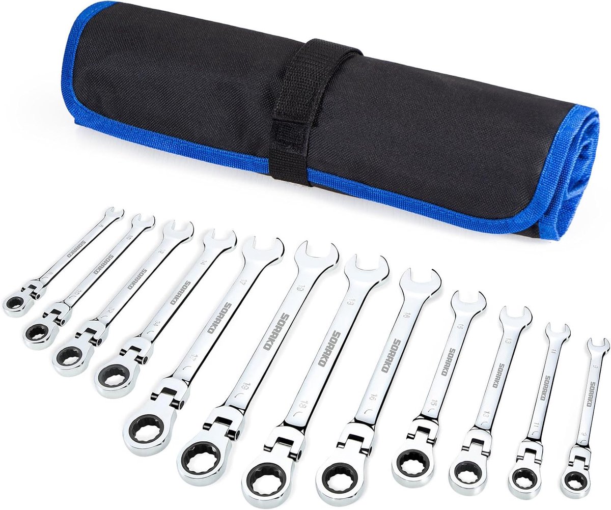 SnelShoppen - 12-delige Ratel Sleutelset 8-19 mm - Hoogwaardige Chrome Vanadium Stalen Ratel Sleutels met Flexibele Kop en Draagtas voor DIY en Repara