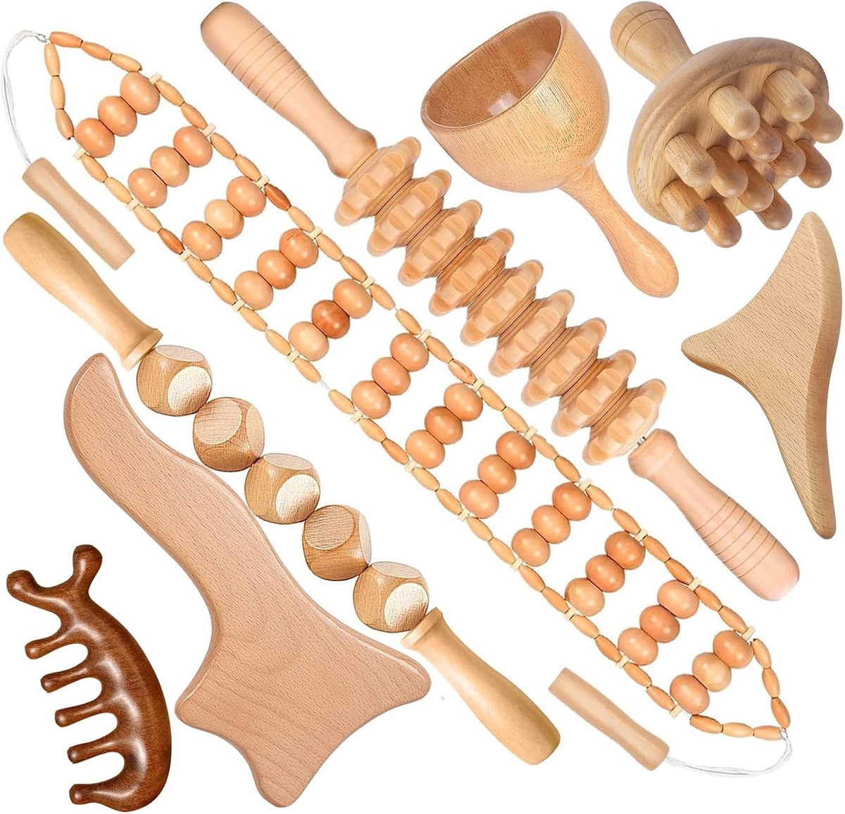 SnelShoppen - 8-delige Houten Massage Therapie Set - Lymfedrainage & Lichaamscontour Tools voor Celluliet Vermindering, Spierpijn, Thuis Spa Sculpting
