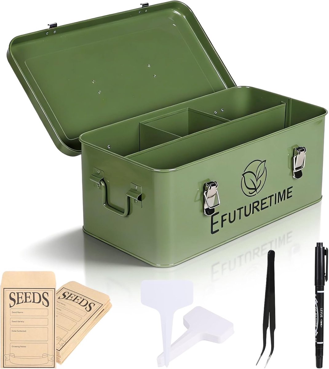 SnelShoppen - Tuin Zaden Opslagdoos 32.5x17x13cm, Met Deksel en 4 Compartimenten, Roestvrij Staal Voor Kruiden en Groentezaden, Tuinaccessoires voor T