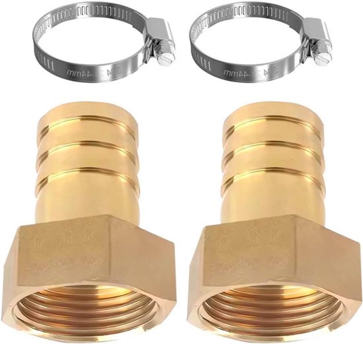 Messing tule met 1 inch binnendraad en 32 mm slangverbinding - Set van 2 stuks met slangklemmen