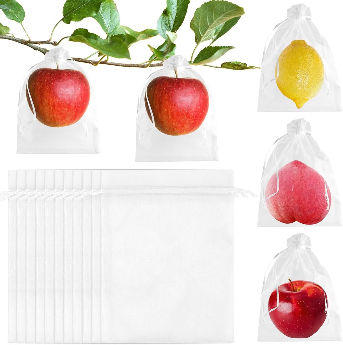 SnelShoppen - 60 Stuks Fruitbeschermingszakken 6x8 Inch Herbruikbare Fruit Netzakken met Koord voor Appel, Druif, Perzik, Granaatappel en Tuingebruik