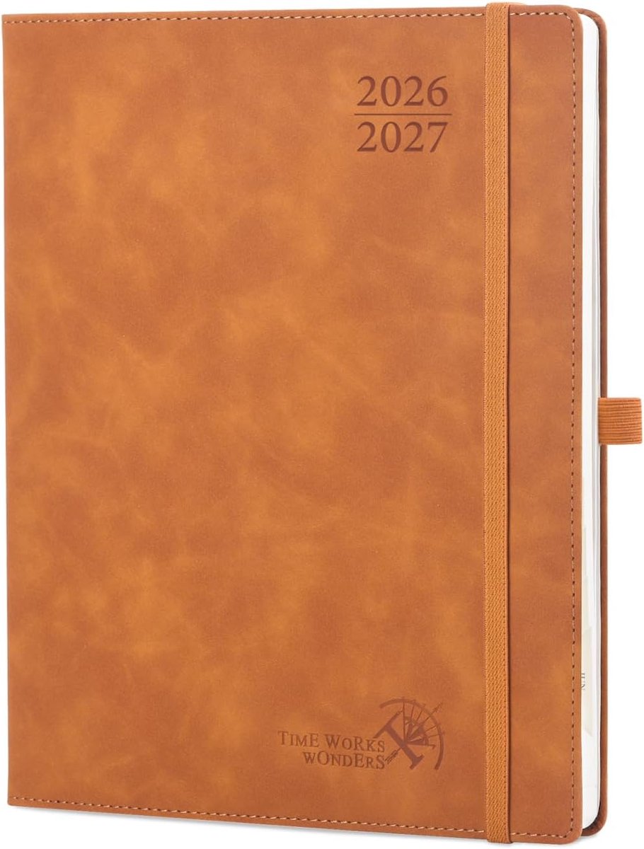 SnelShoppen - Agenda 2026 2027 Weekly Planner en Notitieboek, 26.5 x 21.5 cm, Soft PU Leder, Maandtabs, 80 GSM Papier, Roodbruin, Perfect voor Organis