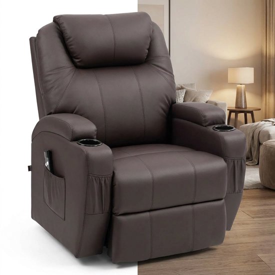 Fauteuil inclinable marron foncé dans un salon, avec dossier et repose-pieds réglables.