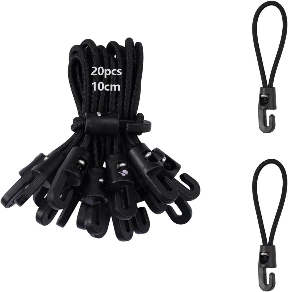 SnelShoppen - 20 Stuks Elastische Spanners met Haakjes 10 cm Zwart | Multifuntionele Bevestigingsbanden voor Tarp, Tent en Camping