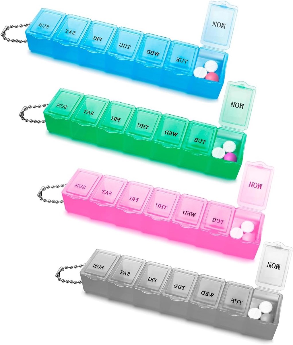 4 Pcs Tablet Box voor 7 Dagen, 7 Compartimenten Medicijn Organizer, Makkelijk te Openen, Kleurrijke Pillendoos voor Vitaminen en Supplementen