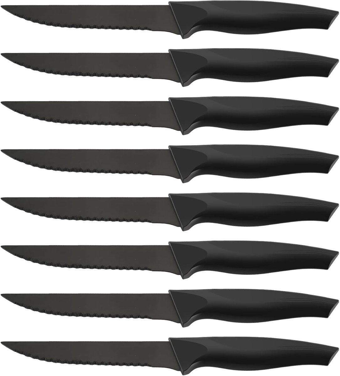 SnelShoppen - 8-delige Steak Messenset met Serrated Bladen, Roestvrijstalen Zwart Tafel- en Pizzamessen, Vaatwasserbestendig Steak Cutlery voor Feest
