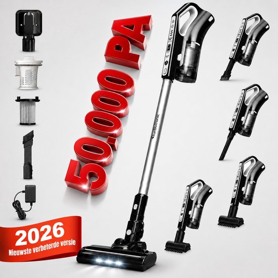 TurboTronic VS280 - 50000PA Cyclonic - 2-in-1 draadloze Steelstofzuiger met kruimeldief – hoge zuigkracht - 2 snelheden - 2200 mAH accu - 180W - extra accessoires - Zwart