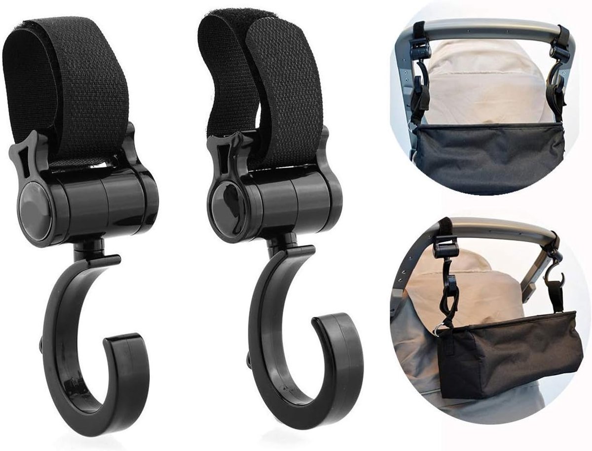 SnelShoppen - 2 Pcs Pram Hooks - Duurzame Bag Hooks voor Diaper Bags - Pram Clips met Carabiner - Non-Slip Pram Clips voor Babywagens - Zwart, 5 kg Dr