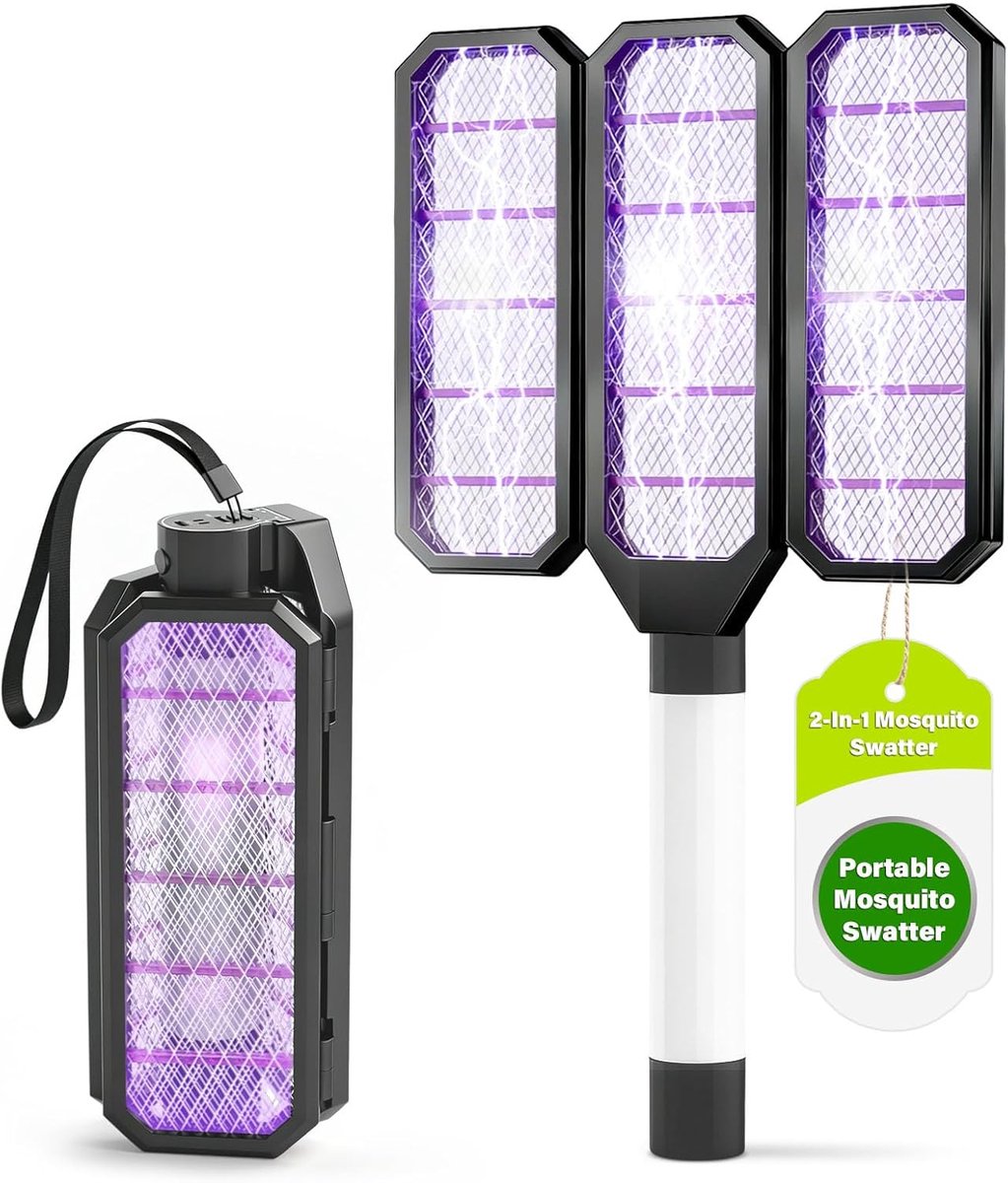Thijox - 2-in-1 Muggenlamp en Vliegenracket, USB-oplaadbaar, Opvouwbaar en Draagbaar, Ideaal voor Binnen en Buiten, Zwart, Perfect voor Kantoor, Campi
