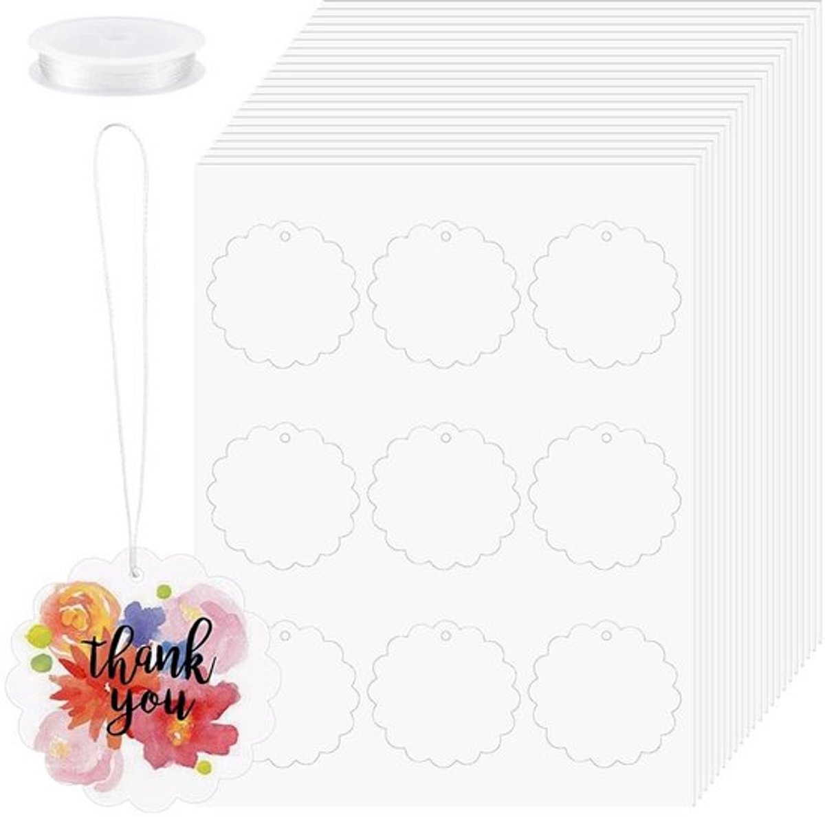 Cadeaulabels 270 stuks - Bruin Papier - Bloemvorm - Met Polyester Koord - Voor Geschenken - Voorgeperforeerd 6,35 cm - Etiketten