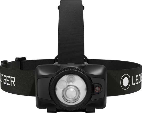 Zwarte hoofdlamp van Ledlenser met verstelbare band en een ronde lampkop met een witte lens.