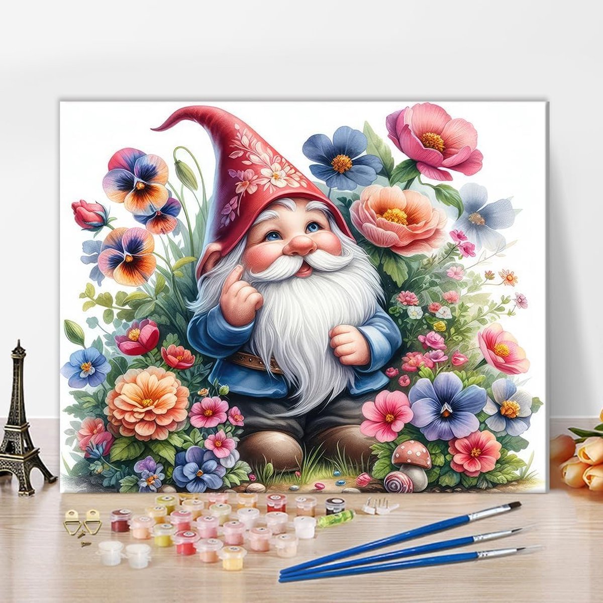 SnelShoppen - Schilderen op Nummeren Set voor Volwassenen - Tuin Gnoom met Bloemen - 40 x 50 cm Canvas met 3 Penseel en Acrylverf - Creatieve Wanddeco