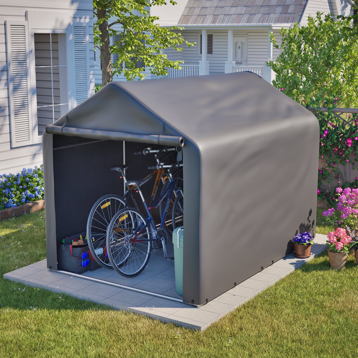 FloraGrace Garagetent Met Rolltor 160x220x165 Cm Wasserdicht PE Grijs Voor Fietsen E Bikes En Tuingereedschap Buiten