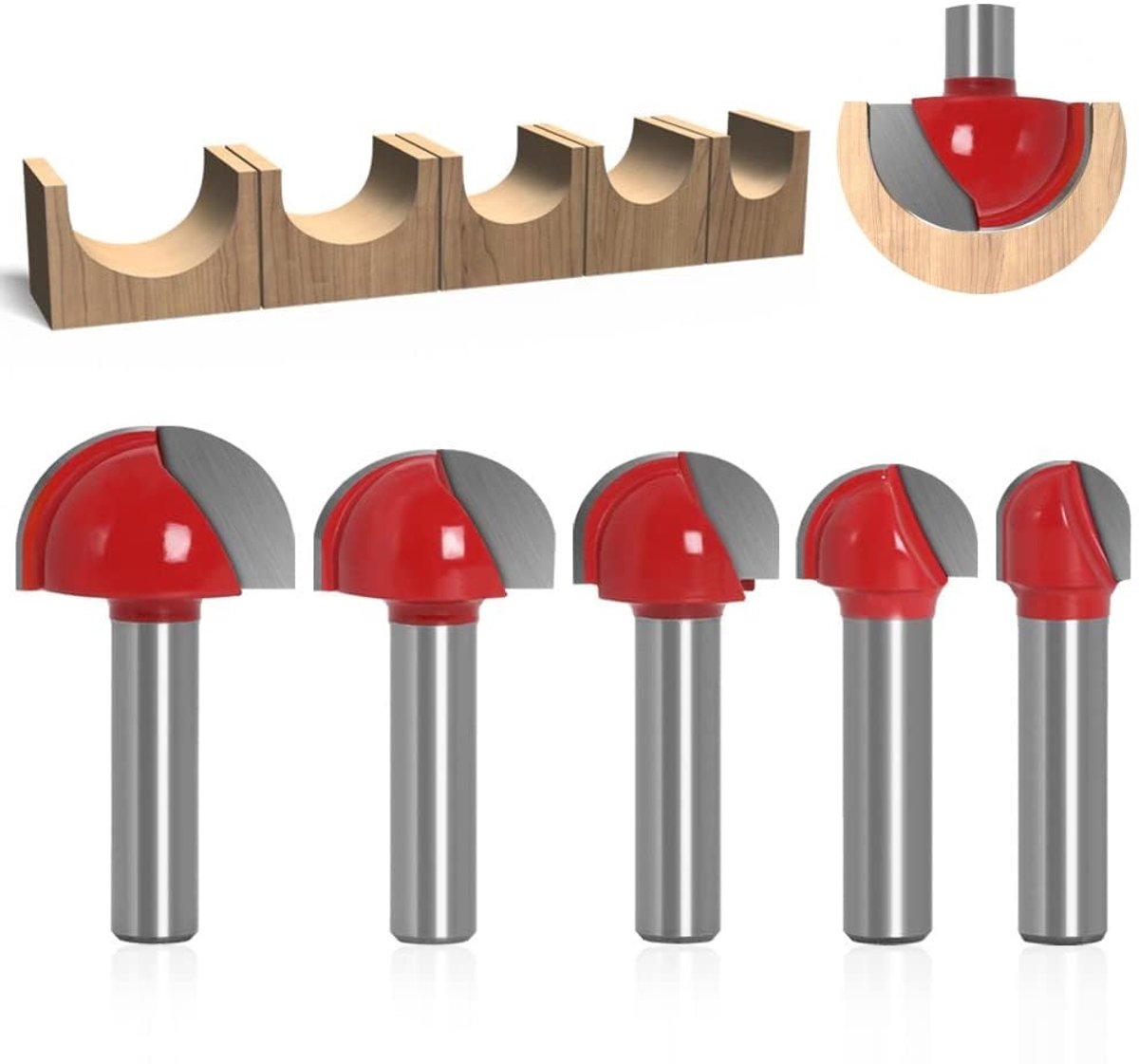 Set van 5 Stuks 8mm Houtbewerking Frees Cutter - Holle Cutter, Ronde Neus, Cove, Core Box en Sferische Cutter voor Diverse Diameters 12mm tot 25.4mm
