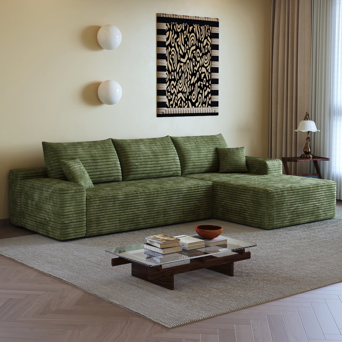 HAUSS SPOLE Hoekbank - Modulaire Bank Met Chaise Longue - Diepe Zitting Zonder Montage - Voor Woonkamer En Slaapkamer - Ribstof Groen