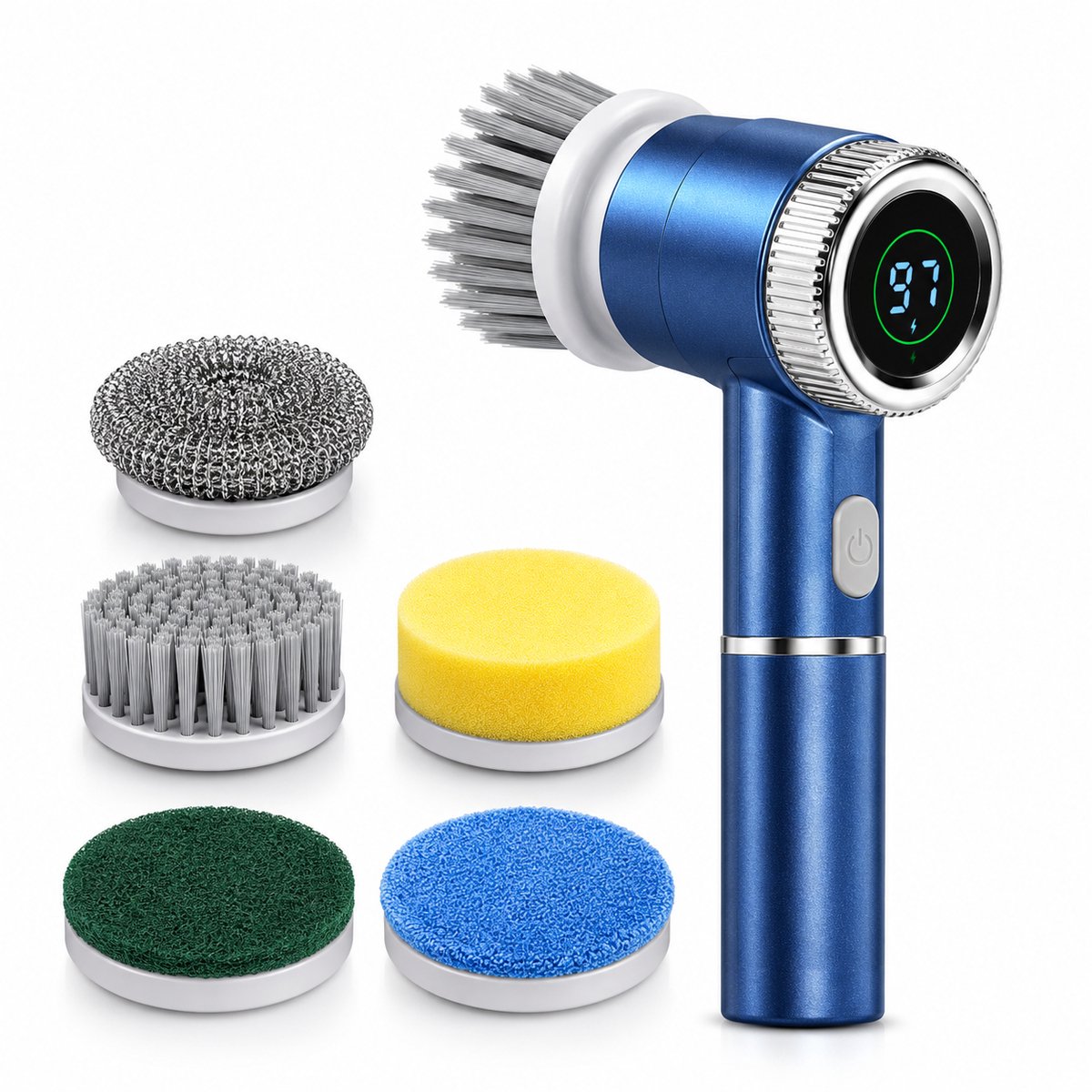 Xenovia 5-in-1 elektrische schoonmaakborstel - Incl. RVS-schuurspons, groene schuurspons, gele spons en blauwe polijstpad - Display & USB-oplaadkabel - Poetsmachine