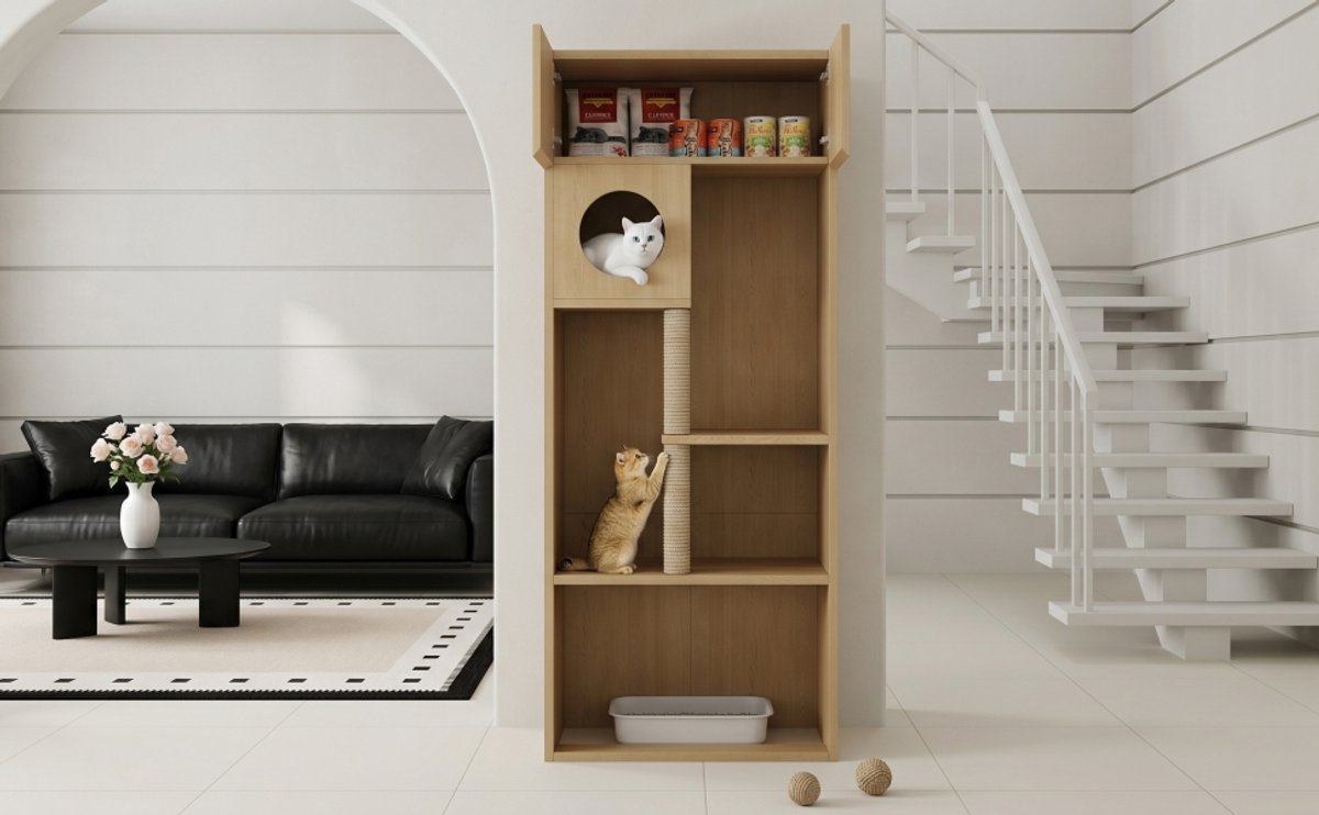 HAUSS SPOLE Krabmeubel - Multifunctionele Krabpaal Met Kattenhuis En Opbergkast - Voor Woonkamer En Kattenhoek - MDF - 80 x 45 x 193 cm - Naturel