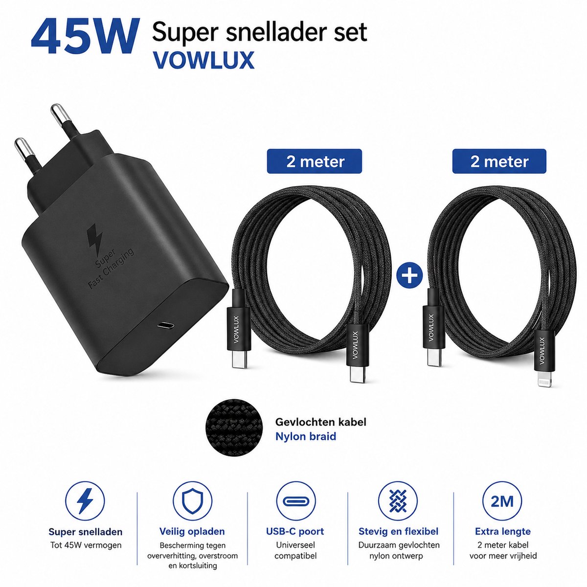 45W USB-C super snellader set – 2 meter Gevlochten USB-C naar USB-C kabel 60W + 2 meter USB-C naar compatible Lightning kabel – Intelligente laadchip – Geschikt voor alle iPhone en iPad modellen - Met Compatible lightning aansluiting