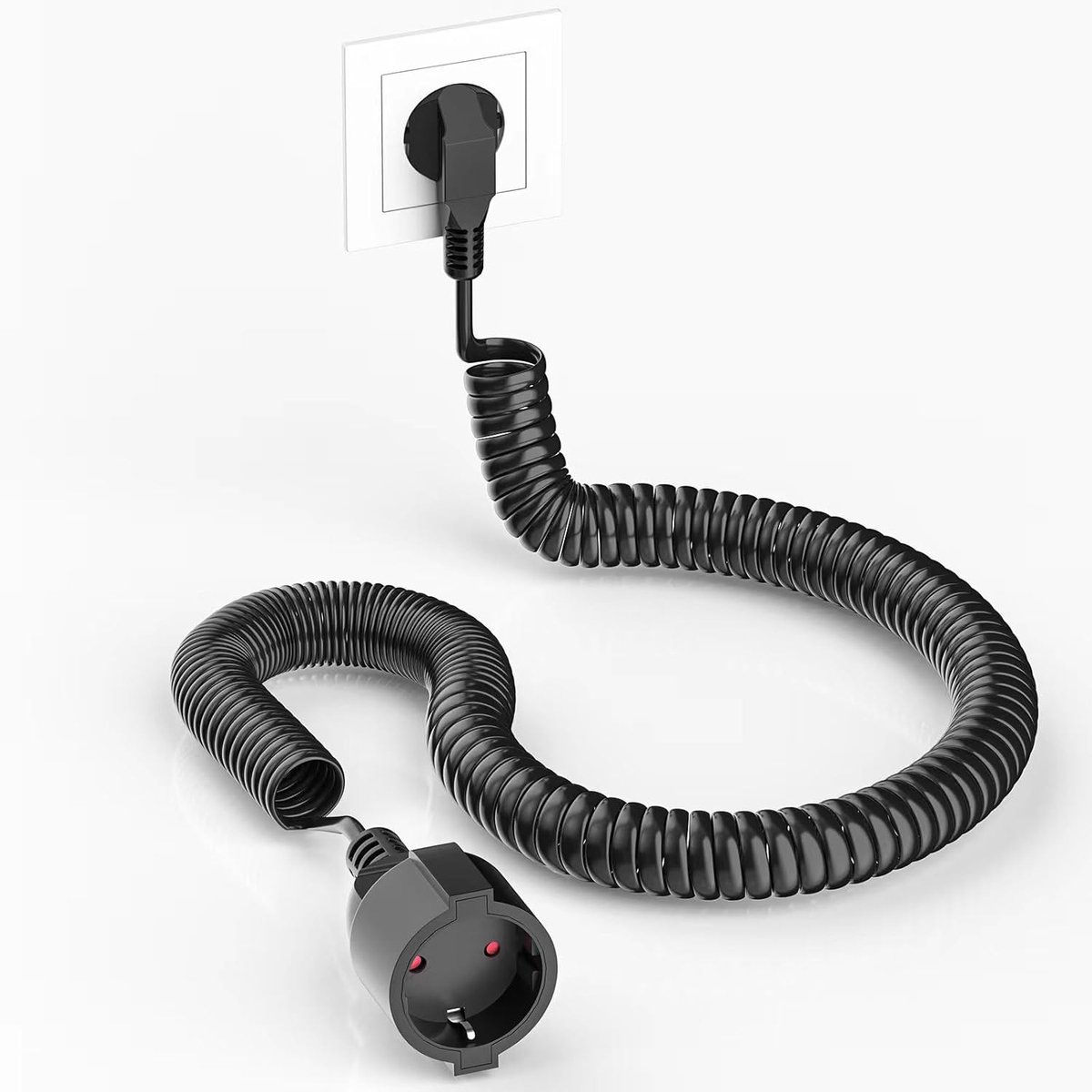 SnelShoppen - Flexibele Spiralen Verlengsnoer 1,25 m tot 8 m Uittrekbare Kabel met Geaarde Wikkeling Stekker en Geaarde Koppeling (230 V/16 A) PVC Zwa