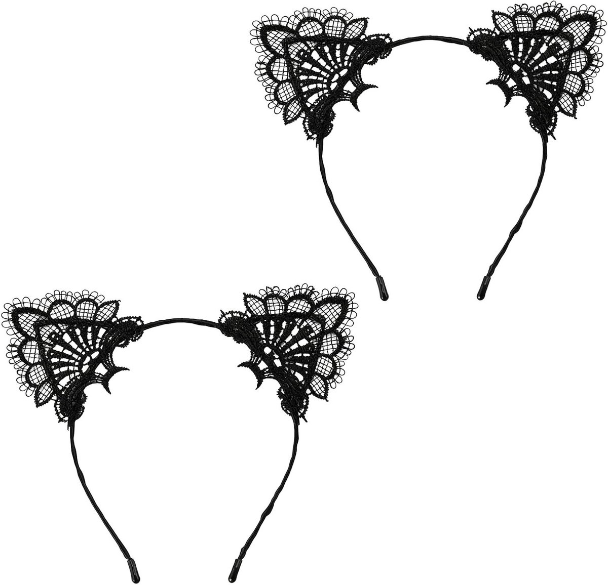 2 Stuks Kattenoren Haarbanden - Zwarte Haaraccessoires voor Halloween, Carnaval en Kostuums met Kanten Details