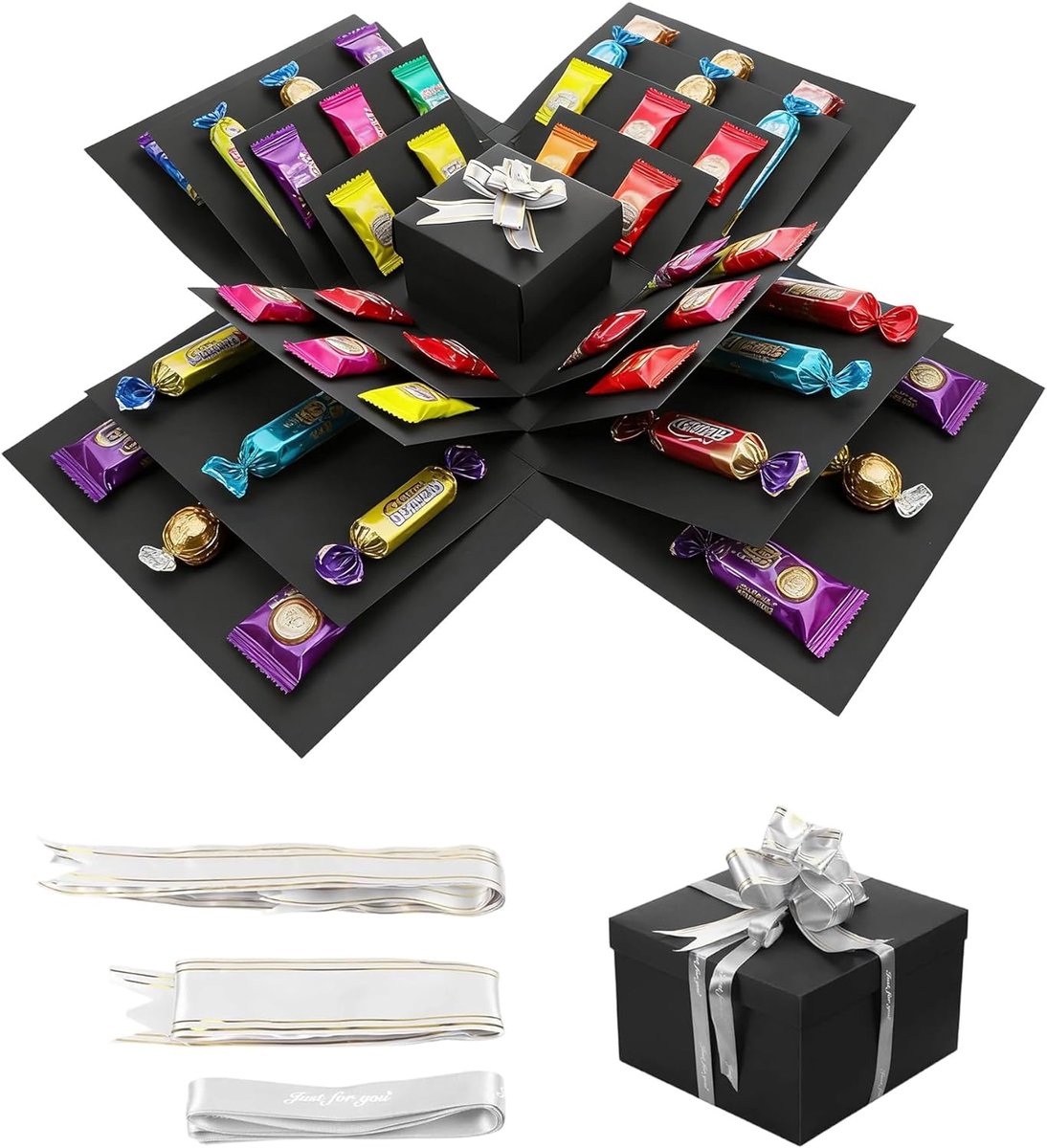 SnelShoppen - Fokroin Explosion Verrassingsdoos, 1 stuk, zwart, 5-laags creatieve geschenkdoos met lint en plakband voor verjaardag, Kerstmis, bruilof