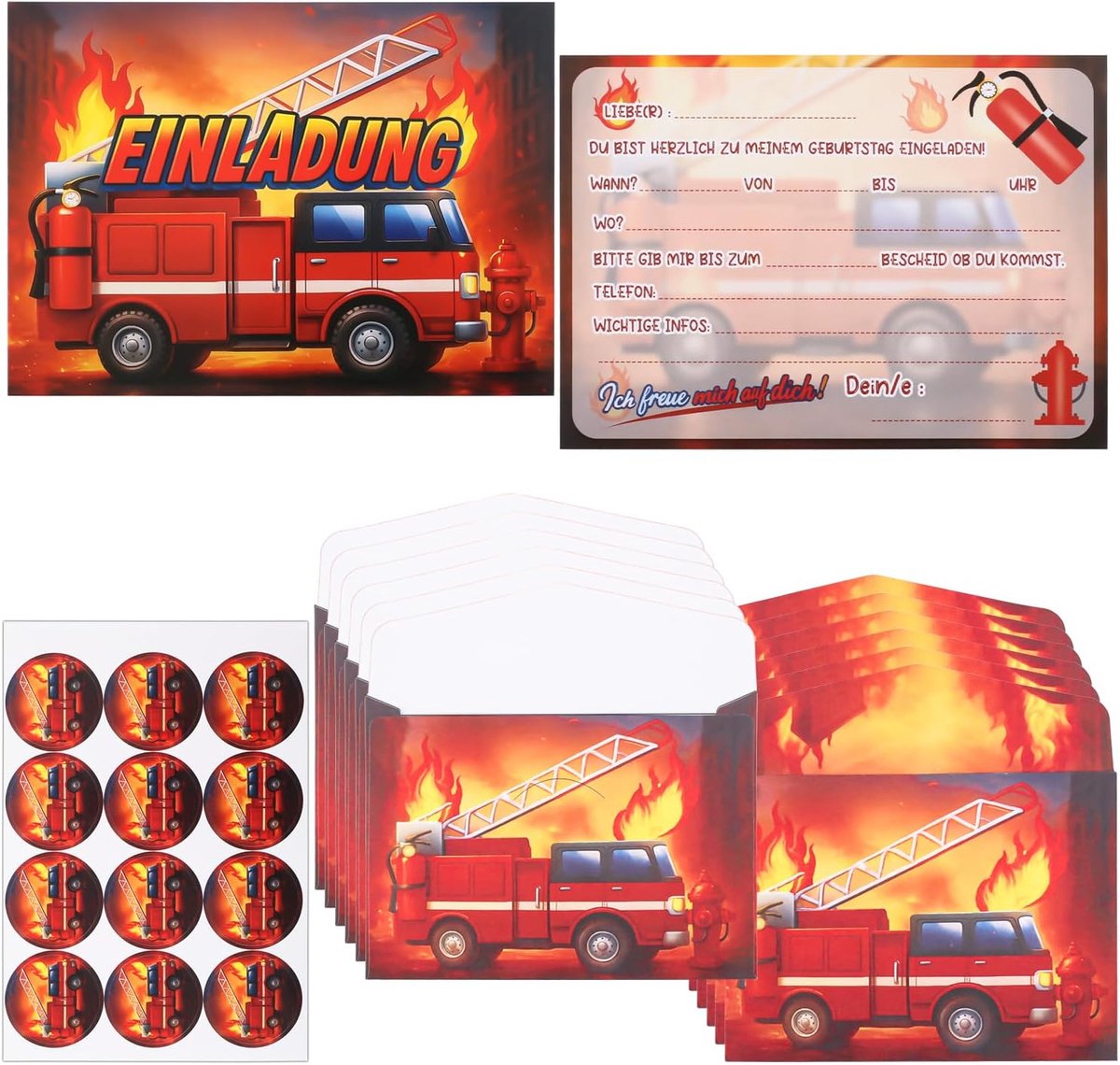 SnelShoppen - 12-Piece Brandweer Verjaardagsuitnodigingen Set voor Kinderen, Vuurwagen Thema, Inclusief 12 Enveloppen en Stickers, Perfect voor Jongen