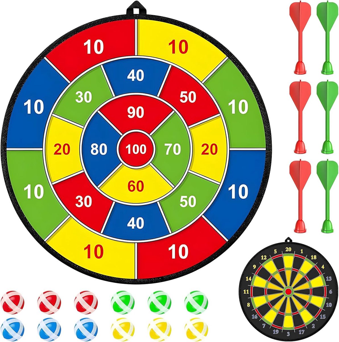 SnelShoppen - Dartbord voor Kinderen, 29 Inch Dubbelzijdig, Thema Dartbord met 12 Plakballen en 6 Darts, Leuk Gooi Spel voor Binnen en Buiten, Perfect