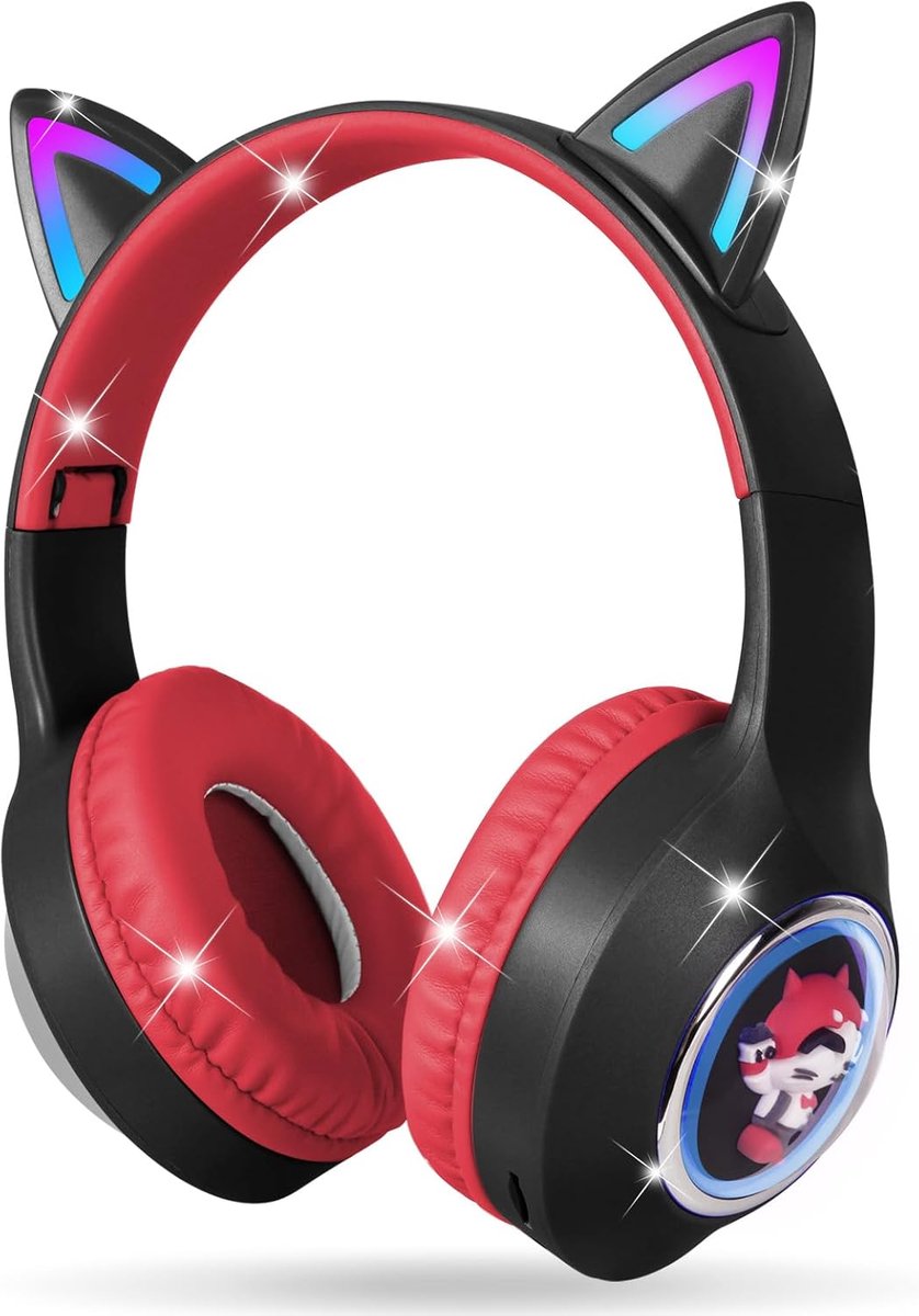 SnelShoppen - Bluetooth Hoofdtelefoon voor Kinderen met LED Lichten, Draagbaar en Vouwbaar, Stereo Geluid, 105 dB Volumebegrenzing, Cat Oren, Ideaal v