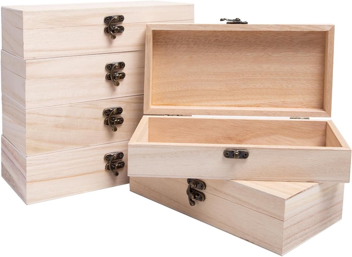 Set van 6 Kleine Houten Dozen met Deksel, 20 x 10 x 6 cm, Onbehandelde Dozen voor Knutselen, Sieradenopbergdozen en Schatkist voor DIY Projecten