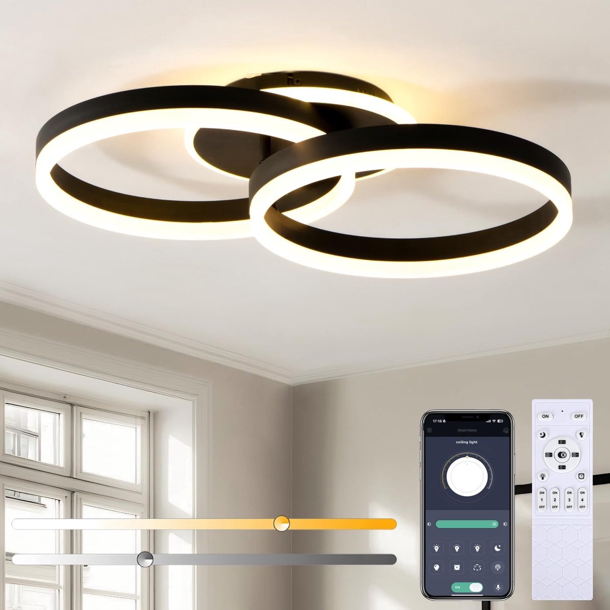 SnelShoppen - Dimbare LED Plafondlamp 50 cm 36 W, Dubbel Ring Design, 3000–6500K met Afstandsbediening en App Besturing, Zwarte Plafondlamp met Geheug