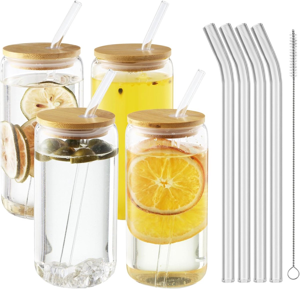 SnelShoppen - Set van 4 glazen met deksel en rietje, 500 ml drinkglazen, borosilicaat glas, met bamboo deksel, ideaal voor iced coffee, lemonade, smoo