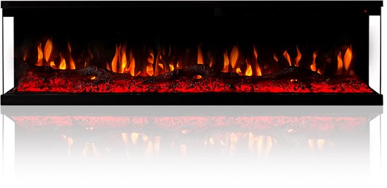 Foyer électrique avec flammes rouges et bûches.