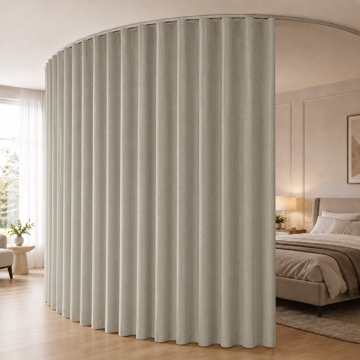 Qelus 2 Stuks Kamerverdeler Gordijn Linnenlook - 100% Verduisterend Scheidingsgordijn met Flexibele Plafondrail - Ruimteverdeler - Thermisch Isolerend en Geluidsdempend - Voor Slaapkamer, Woonkamer, Kantoor en Studio - Grijs - 254 x 213 cm