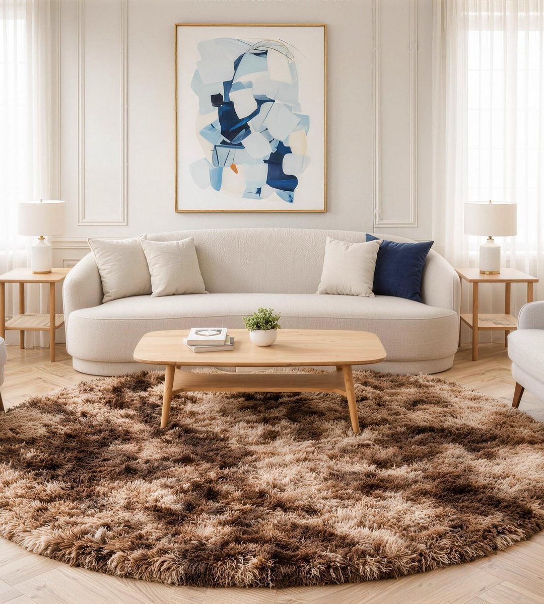 SnelShoppen - Rond Hoogpolig Vloerkleed 120cm - Bruin - Pluche Langpolig Tapijt voor Woonkamer, Slaapkamer, Buiten - Modern en Veilig Antislip