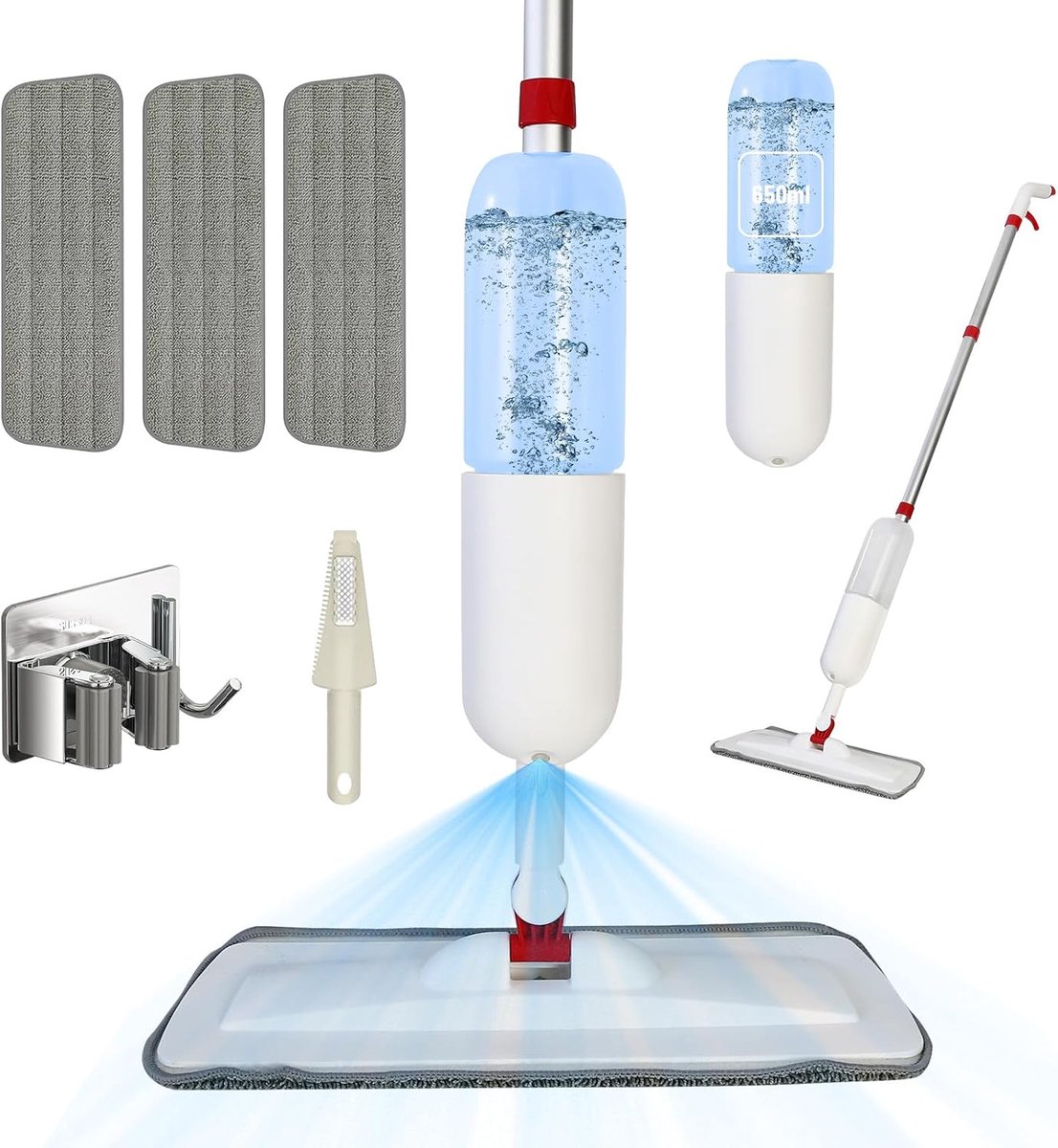SnelShoppen - Spray Mop Microfiber met Reservoir voor Thuis, Keuken, Houten Vloeren, Laminaat, Tegels - 650ml - 3 Interchangeable Pads - Wit